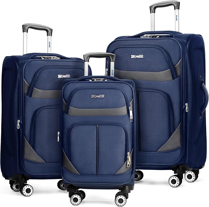 3-Piece Softside Expandable Luggage Set with Front Open Pocket,Lightweight Durable Suitcase Sets Double Spinner Wheels & w/LOCK（Navy-Grey,20in/24in/28in）