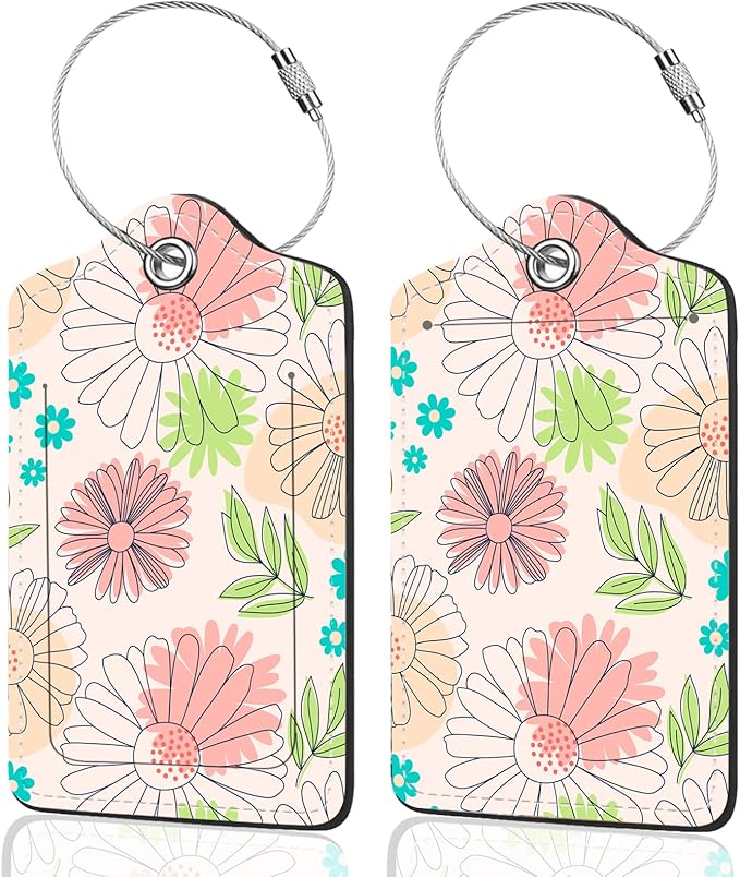 2Pack Luggage Tags for Suitcases, Cute Unique Pu Leather Cruise Luggage Tag with Privacy Cover ID Label Address Card and Metal Ring Suitable for Women Men Kids Travel Bag Pink Line Flower