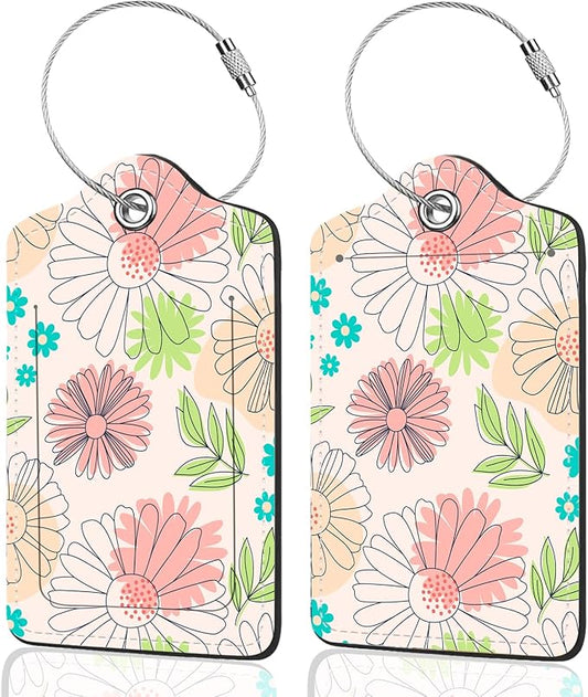 2Pack Luggage Tags for Suitcases, Cute Unique Pu Leather Cruise Luggage Tag with Privacy Cover ID Label Address Card and Metal Ring Suitable for Women Men Kids Travel Bag Pink Line Flower
