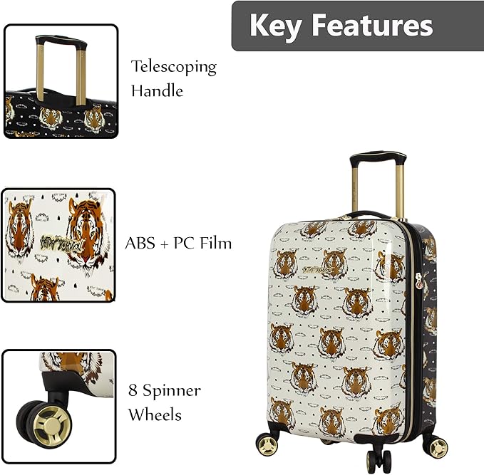 Betsey Johnson Designer 20 Inch Carry On - Expandable (ABS + PC) Hardside Luggage - Lightweight Durable Suitcase With 8-Rolling Spinner Wheels for Women (Tiger Print)