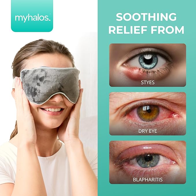 MyHalos® Heated Eye Mask for Dry Eyes - Steam Warm Compress for Eyes - Remove Styes, Chalazion Therapy Warming and Heating Pad Hot Compress - Moist Heat Mask for Blepharitis & MGD - FSA|HSA Eligible