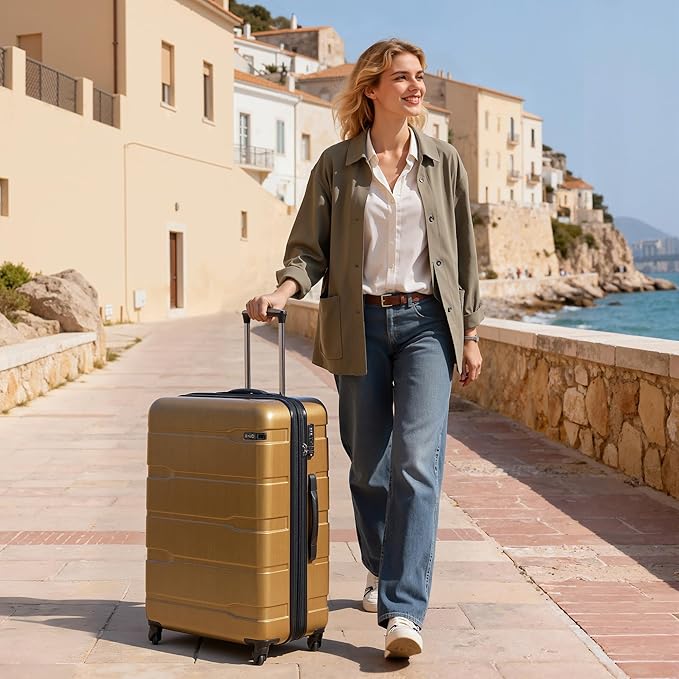 Coolife Expandable Large Checked Luggage Hardside PC+ABS Suitcase with TSA Lock, Lightweight Rolling Carry On with Spinner Wheels(Black Brown, 28in)