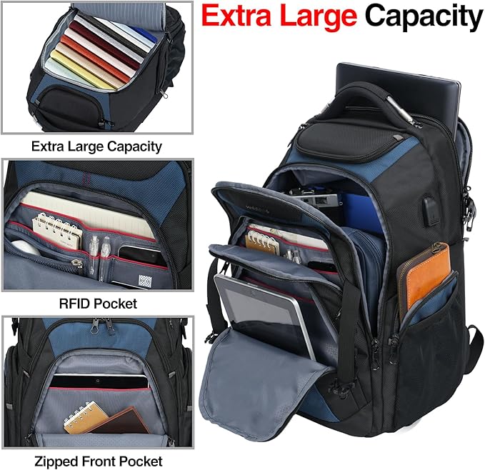 KROSER Travel Laptop Backpack 18.4 Inch XXXL Gaming Backpack with Hard Shell Saferoom RFID Pockets Water-Repellent Business College Daypack Stylish Laptop Bag for Men/Women-Black Haze Blue
