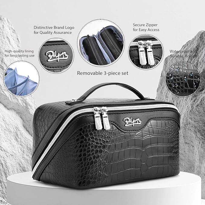 BOYATU Travel Makeup Bag Cosmetic Bags for Women: 3 Pcs Set Large Capacity Make up Bag with Handle - Crocodile Pattern Vegan Leather Toiletry Bags Travel Essentials with Compartments(E-1-Black)