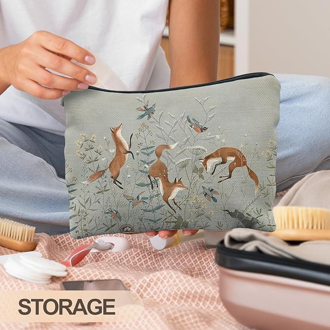 Fox Gifts for Women, Fox Wildflowers Makeup Bag, Forest Fox Cottagecore Cosmetic Bags Toiletry Bag for Women, Animal Lover Gifts