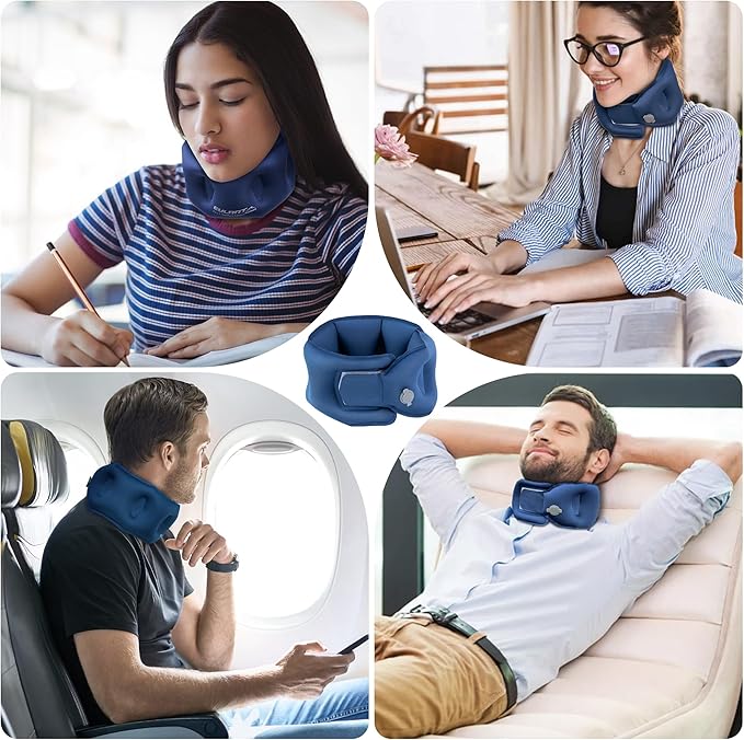 Inflatable Neck Pillow, Travel Pillow for Airplane, Traveling, Office, and Car, Chin Support Neck Relief - Airplane Travel Essentials（Blue