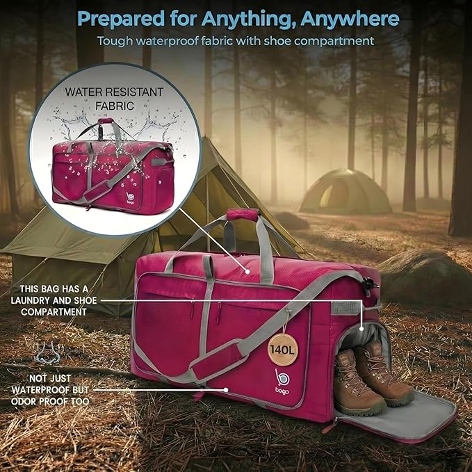 Bago Extra Large Duffle Bag for Travel Women & Men. Durable, Lightweight, Foldable Travel Duffel Bags For Traveling Women. 140L Duffle Bags Use As a Weekender Bag with Shoe Compartment, Checked Duffel