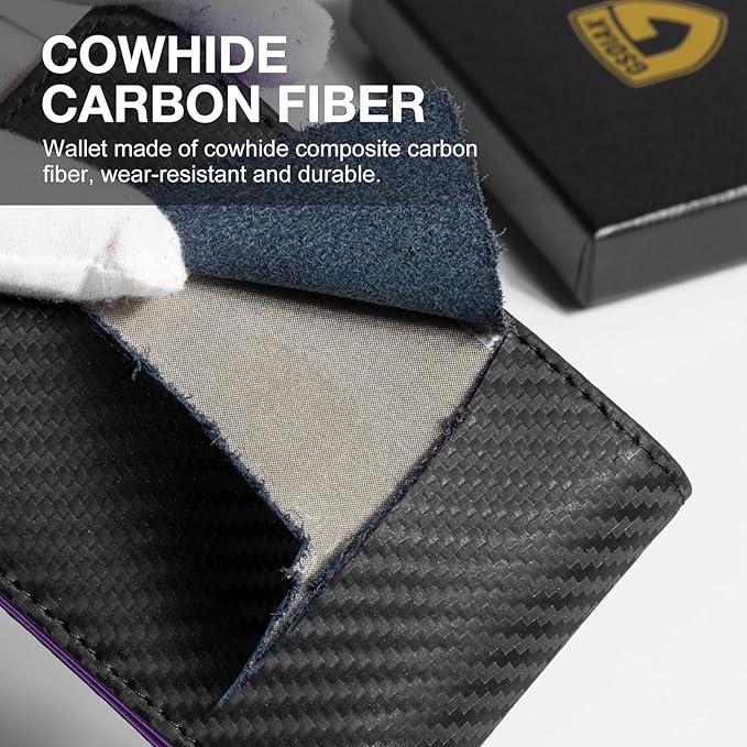 GSOIAX Slim Wallet for Men Rfid Blocking Leather Bifold Front Pocket Carbon Fiber Credit Card Holder Novelty Wallets With Gift Box (Carbon Black and Purple)