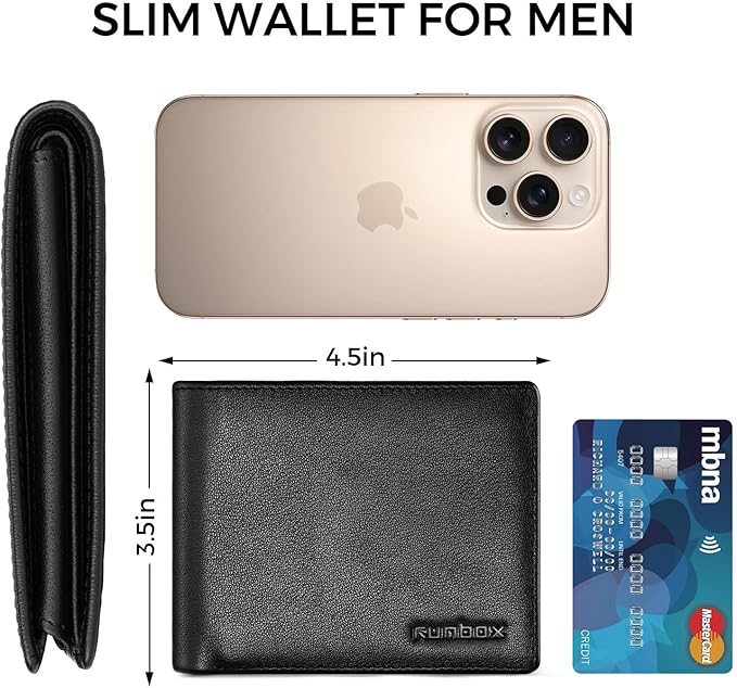 RUNBOX Leather Wallet for Men, Genuine Leather Mens Wallet Bifold Rfid Blocking with 12 Cards and 2 ID Windows, Minimalist Wallet for Men with Gift Box