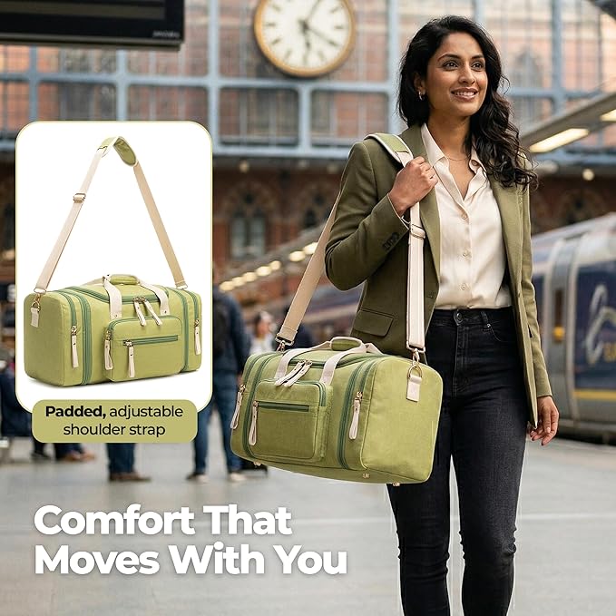 Duffle Bag for Travel (Green) 20–23” Expandable (40L) – Lightweight Water-Resistant Carry On Weekender with Multiple Pockets & Shoulder Strap – Airline Approved Travel Duffel Bags for Men & Women