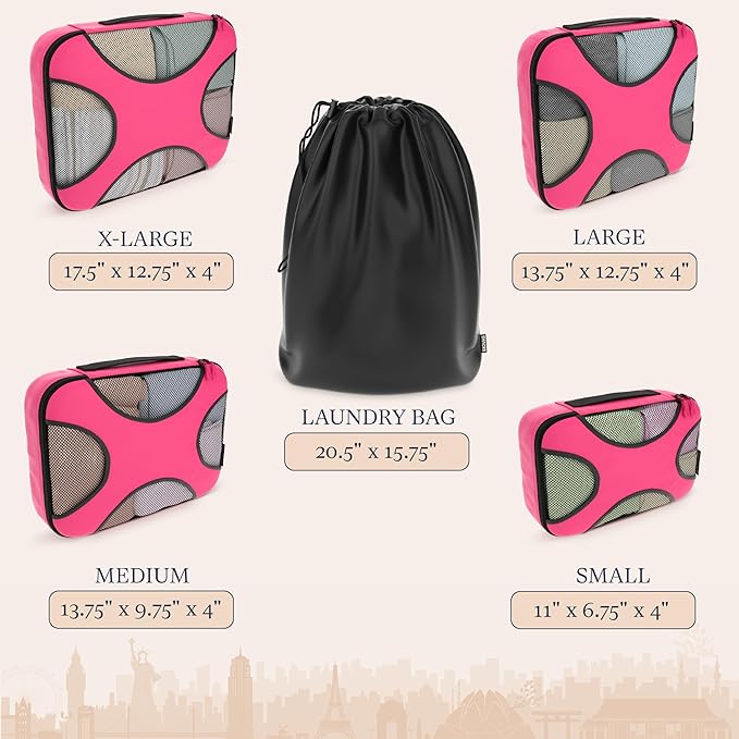 Shacke Packing Cubes for Travel 5 Set - Compression Luggage Organizer Bags - Versatile Travel Organizer for Women and Men - Optimized Packing Bags - Travel Essentials (Precious Pink)