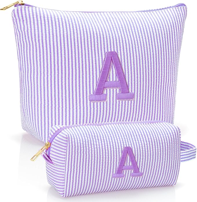 Personalized Initial Makeup Bag,Toiletry Travel Cosmetic Bag,Trendy Stuff for Teen Girls and Women,Holiday & Birthday Gift,2 Pack (A, Purple)