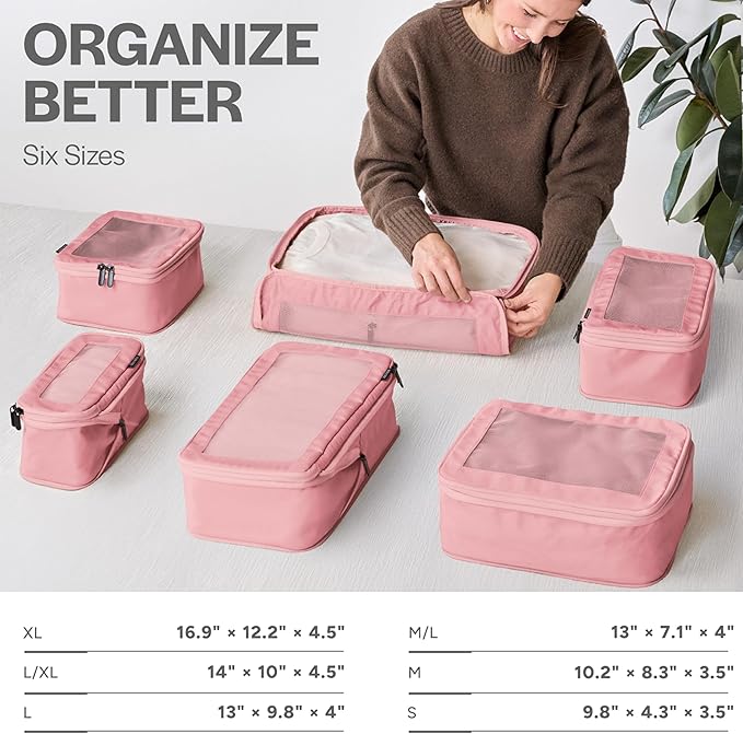 Aerotrunk Compression Packing Cubes for Travel - Luggage Organizer Bags - Double Zipper Packing Cubes for Suitcases (12-Pack, Rose)