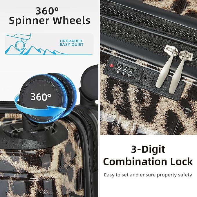 LARVENDER 28 Inch Checked Luggage with Spinner Wheels, PC+ABS Expandable Large Suitcases with Wheels, Travel Luggage sets for Women and Men, Cheetah