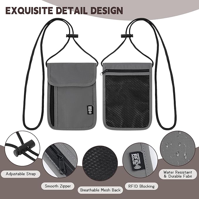 Likesing 5.5" L x 7.9" W Travel Neck Wallet, RFID Blocking Passport Holder, Security Lightweight Passport Travel Wallet, Neck Pouch Gifts for Women Men(Grey)