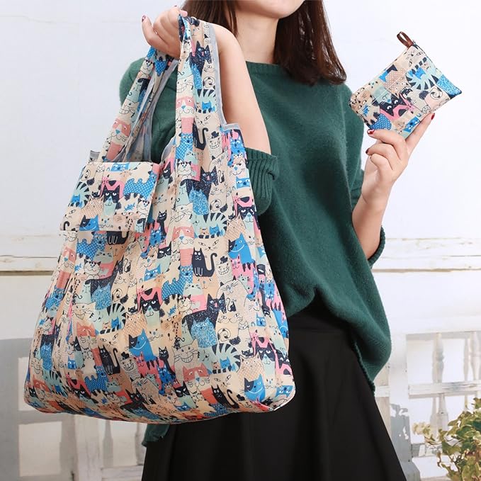KINGMAS Reusable Grocery Bags, Eco-Friendly Folding Tote Shopping Bag fits in Pocket, Washable Waterproof Nylon Pouch Bags