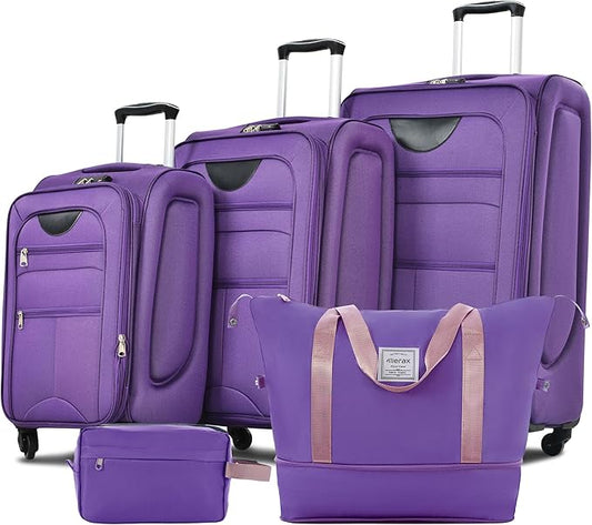 Merax Suitcase Set Softside 3-Piece Expandable Luggage with TSA Lock Spinner Wheels Lightweight Upright Luggage with Travel Bag(22/26/30 IN, Purple)