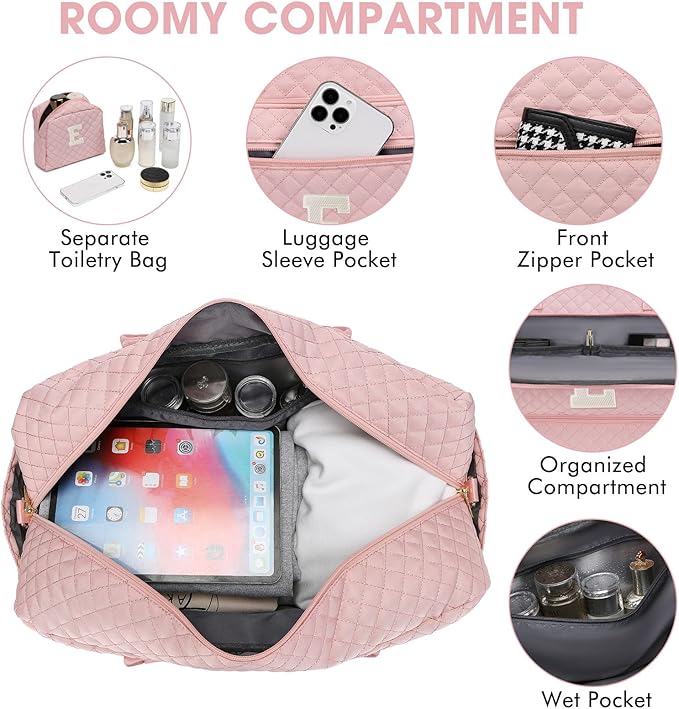 Initial Travel Duffle Bag for Women - Pink Personalized Weekender bags Overnight Bag with Shoe Compartment & Wet Pocket Weekend Tote Bags with Toiletry Bag Monogram Christmas Gifts (Letter E)