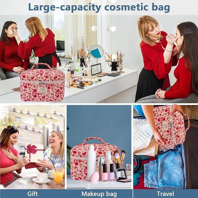 Large Makeup Bag, Cute Cosmetic Bag for Women Girls, Floral Coquette Aesthetic Toiletry Bag, Travel Make Up Organizer Bag (Pink Rose)
