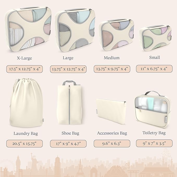 Shacke Packing Cubes for Travel 8 Set - Compression Luggage Organizer Bags - Versatile Travel Organizer for Women and Men - Optimized Packing Bags - Travel Essentials ((Sand)
