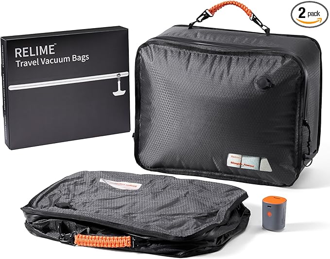 Apex Series Vacuum Bags for Travel Luggage, 180° Open, Reusable Compression Bags for travel Pack, Vacuum Seal Packing Cube for Cloth (2Medium+Pump)