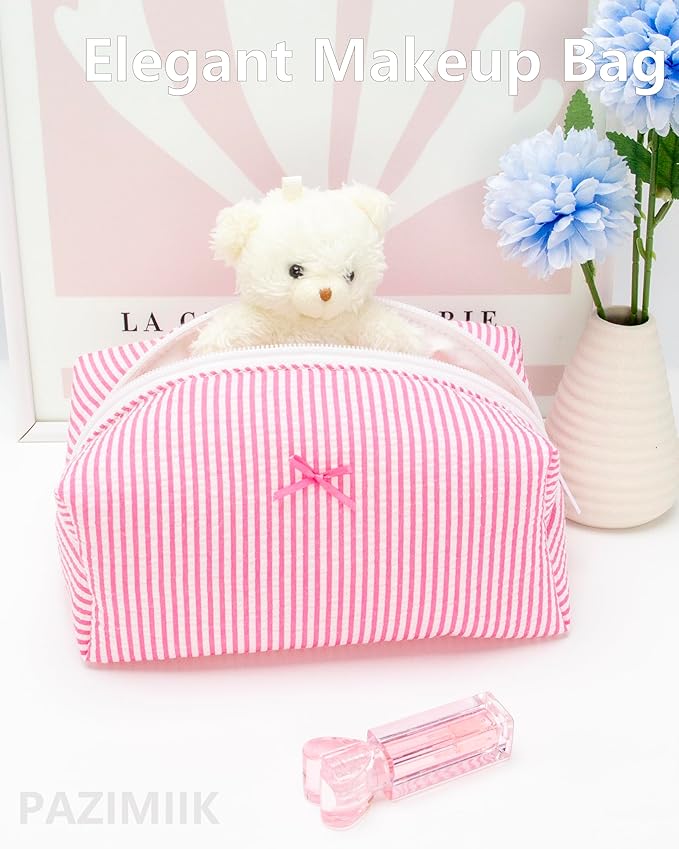 PAZIMIIK 6PCS Cozy Makeup Bag Small Aesthetic Travel Zipper Cosmetic Pouch for Women Make Up Beauty Accessories Brushes, Stripe Hotpink