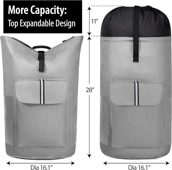 BeeGreen Grey-Laundry-Bag-Backpack-Extra-Large-Heavy-Duty, 125L Portable Travel Laundry Backpack Shoulder Straps & Extendable Clothes Hamper Bag 3 Pockets for College Apartment