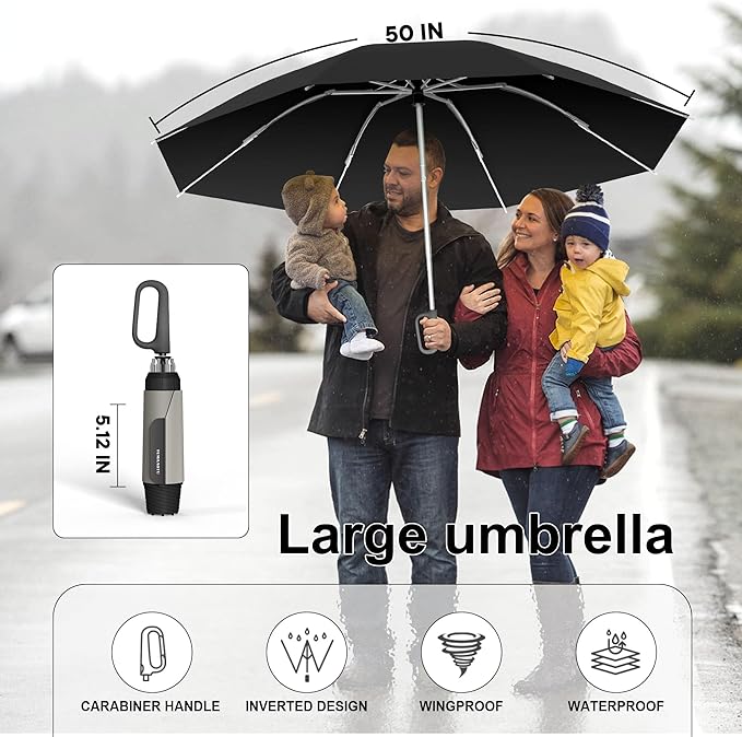 QWB TUMAAOTU Inverted Umbrella with Carabiner Handle, Compact Wind Proof Umbrellas For Rain and Sun Protection, Portable Reverse Folding Umbrella, Car Umbrella for Women Men, 10 Ribs