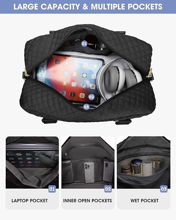 Weekender Travel Duffle Bag for Women: Overnight Bags with Shoe Compartment Carry on duffel Bag for Airplanes with 2 PCS Toiletry Bags Weekend Yoga Gym Hospital Bag with Wet Pocket Black