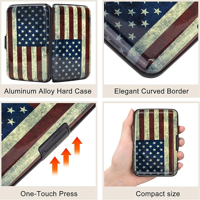 ELFISH Mini RFID Aluminum Wallet Credit Cards Holder Business Card Case Metal ID Case for Men Women (Flag)