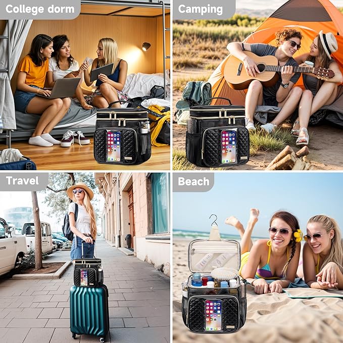 Large Leather Toiletry Bag for Women Men,Bathroom Bag,Water Resistant Shower Bag,Makeup Bag,Portable Shower Caddy for College Dorm,Hanging Travel Toiletry Bag with Transparent Waterproof Phone Pocket
