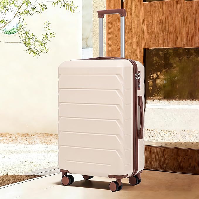 28 Inch Checked-Large Luggage, Lightweight ABS Hard Shell Suitcase with Spinner Wheels, Expandable Travel Luggage with Combination Lock & Side Hooks for Men Women (Beige, 28)