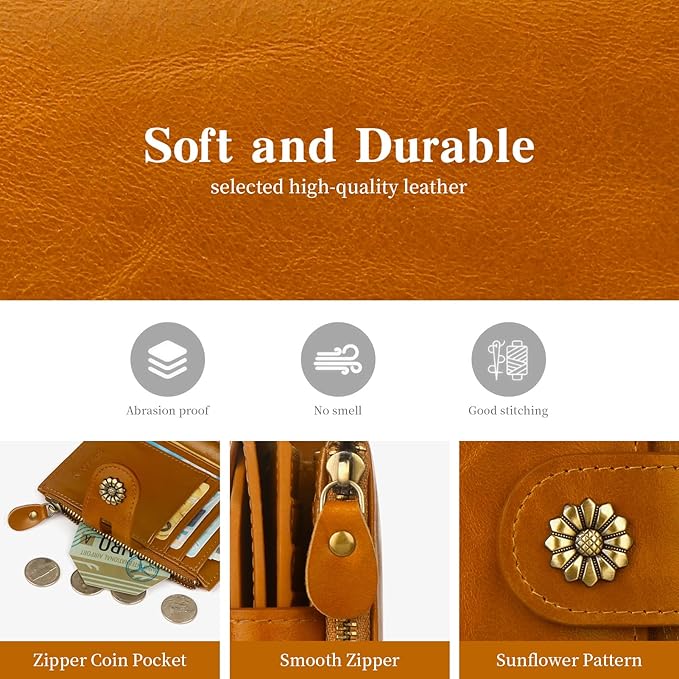 Leather Wallet Women,RFID Blocking Womens Wallet Bifold Compact Card Holder Small Wallet for Women with Removable ID Window LightBrown