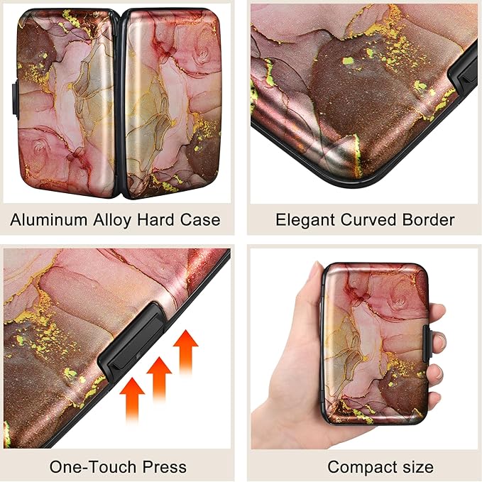 ELFISH Mini RFID Aluminum Wallet Credit Cards Holder Business Card Case Metal ID Case for Men Women（Pink Grey Marble