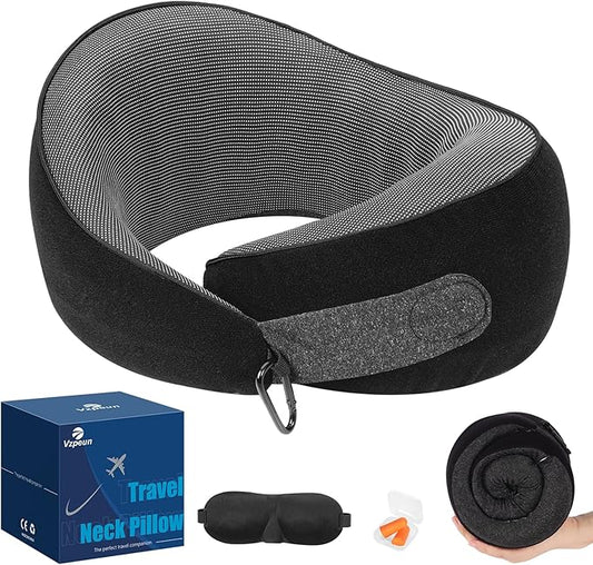 Travel Pillow - Neck Pillow Airplane Memory Foam Filling for Plane,Cars Sleeping, Road Trip, Long Flights, Portable Plane Accessories, Includes Eye Mask & Earplugs (Black)
