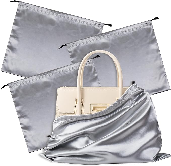 Vonty 3 Pack Silky Dust Bags for Shoes and Purses, Satin Drawstring Bag for HandBags Boots - Grey Shoe Bag Silk Dust Cover Bag Protector Travel Storage Pouch(23.6 x 19.6 In)