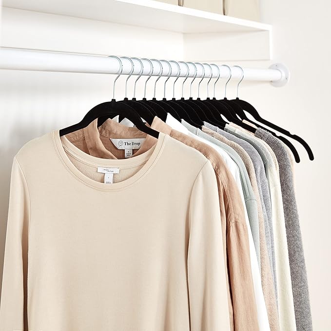 Amazon Basics Space-Saving Slim Velvet Non-Slip Clothes Hangers for Closet Organization, Sturdy with Shoulder Notches, Black, 50-Pack