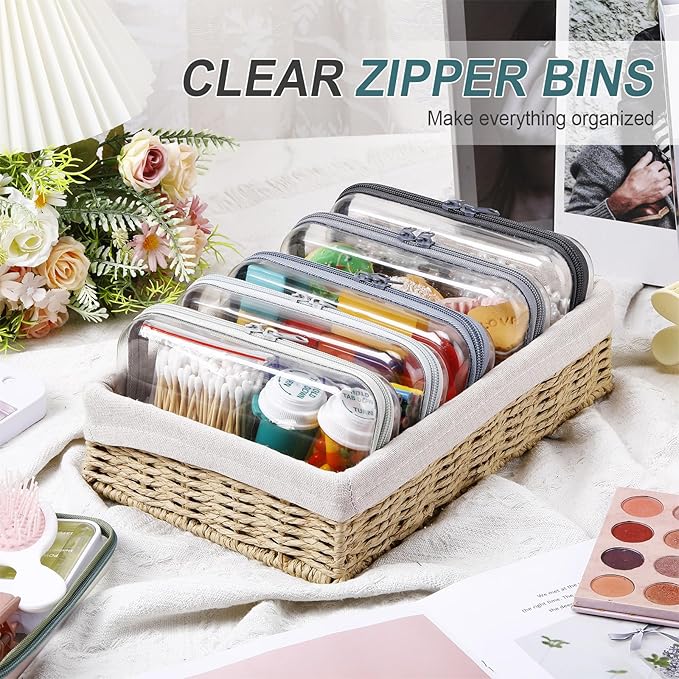 Sanwuta 6 Pcs Clear Hard Zipper Case Plastic Zipper Pouches Transparent Makeup Bag Pencil Case Pouches Toiletry Diaper Bag for Travel Toy Storage Organizer Bins(Blue-green,7.48 x 3.94 x 2 Inch)
