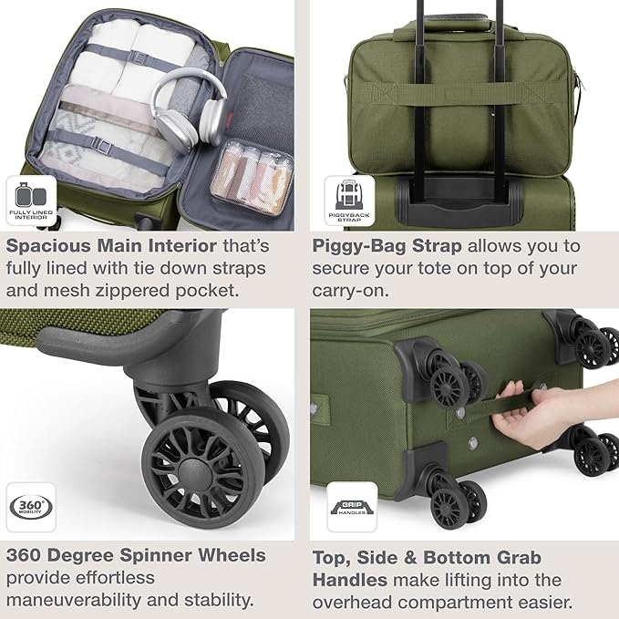 U.S. Traveler Rio Lightweight Softside Rolling Carry-on Suitcase, 4-Wheel Single, Green