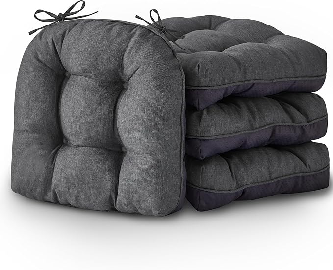 Chair Cushions for Dining Chairs, Seat Cushions for Kitchen Chairs, Indoor Seat Cushions with Ties, Tufted Foam Chair Pads, Non Slip Chair Cushions Set of 4, 15.5" x 15.5" x 4", Dark Grey