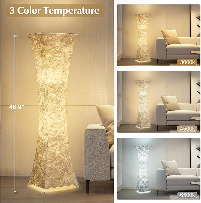 Floor Lamp for Living Room, 47“ Adjustable Color Temperature Standing Corner Floor Lamps, Modern Column Floor Light with White Fabric Shade for Bedroom, Home Office, Kids Room, 2 Bulbs Include