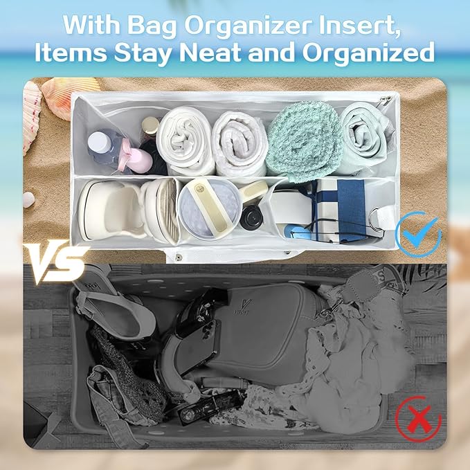 XYFuuee Beach Bag Organizer Inserts for Large Simple Modern Bag Accessories, with 8 Removable Metal Fasteners, Lightweight Mesh Insert Divider Pouch, Organizing Rubber Tote, Save Space, White