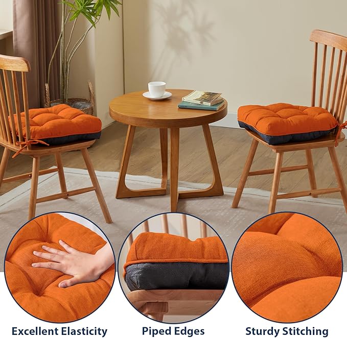 Chair Cushions for Dining Chairs, Seat Cushions for Kitchen Chairs, Indoor Seat Cushions with Ties, Tufted Foam Chair Pads, Non Slip Chair Cushions Set of 6, 15.5" x 15.5" x 4", Orange