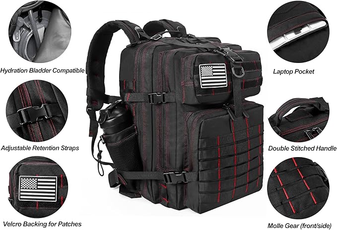 LHI Military Tactical Backpack for Men and Women 45L Army 3 Days Assault Pack Bag Large Rucksack with Molle System - Black With Red Line