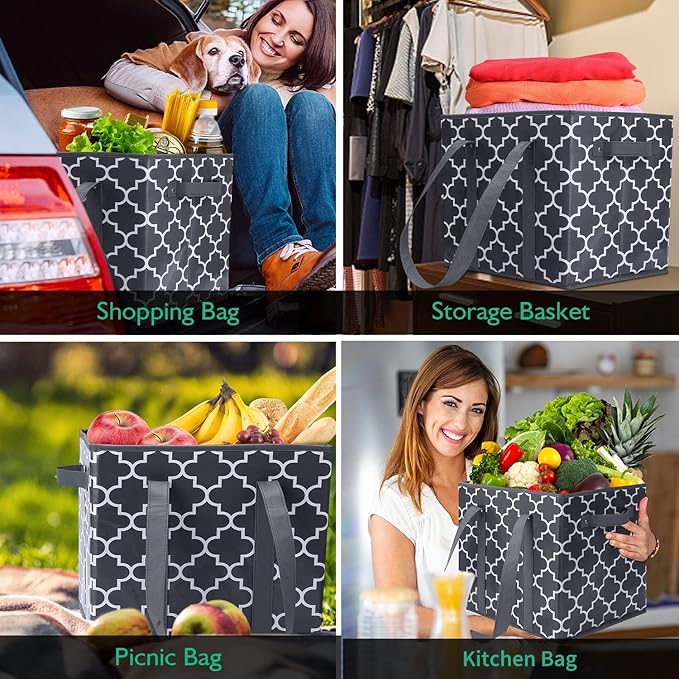 WISELIFE Reusable Grocery Bags 4-Pack Foldable Washable Large Storage Bins Basket Water Resistant Shopping Tote Bag Dark Grey