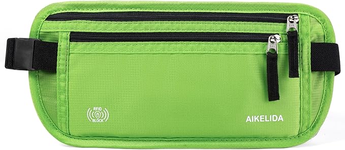 RFID Blocking Money Belt - Passport Holder & Travel Wallet, Slim Hidden Fanny Packs for Women Men - Green