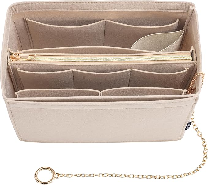 Purse Organizer Insert, Handbag Organizer with Zipper, Tote Shaper with Cup Holder & Keychain, Compatible with LV, Neverfull, MK, COACH, Longchamp, Kate Spade – Beige-XL
