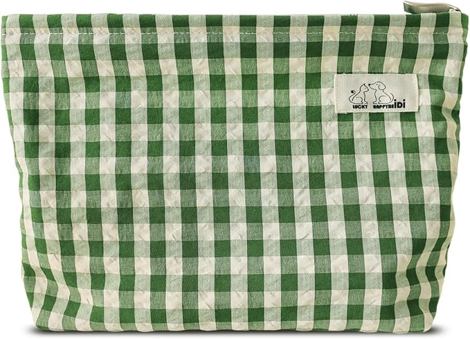 HAPPYHEIDI Large Cute Green Checker Makeup Bag with Compartment Cosmetic Travel Pouch, Nylon Fabric, Purse Organizer, Canvas Lined, Beige Plaid