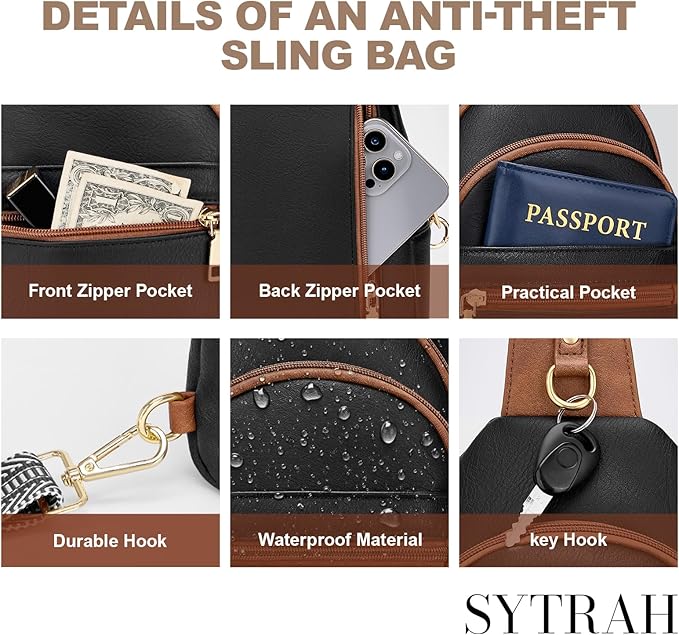 SYTRAH Anti Theft Crossbody Bags for Women, RFID Sling Bag Travel Purse, RFID Cross Body Purses Chest Bag for Travel Black Brown