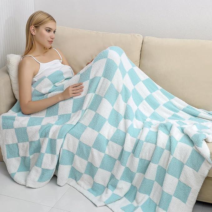 bearberry Fuzzy Checkerboard Grid Throw Blanket Knitted Soft Cozy Warm Microfiber Blanket Decor for Couch Sofa Bed Travel Home (Baby Blue, 40''x50'')